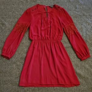 EXPRESS Deep Red Fit & Flare‎ Dress Lace Inset Long Sleeves Keyhole Front - XS